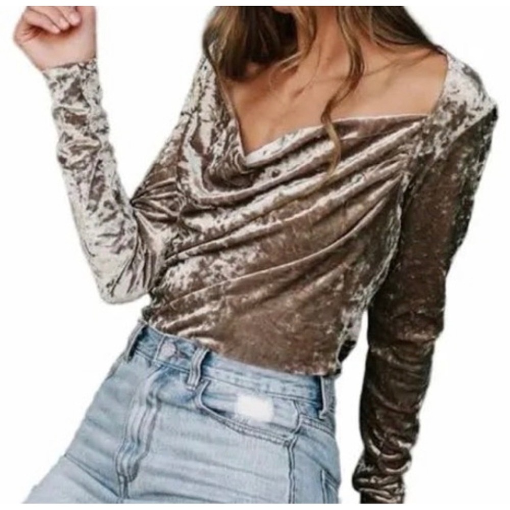 Free People Crushed Velvet Cowl Neck Top Taupe ren faire romantic Whimsical M